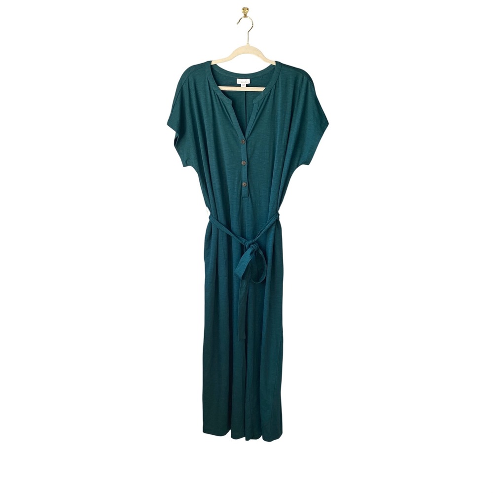 Pure Jill J. Jill Teal Green Slub Knit Wide Leg Belted Jumpsuit Large